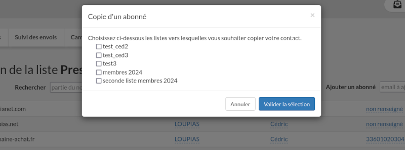 Copier un abonné vers une autre liste d'abonnés